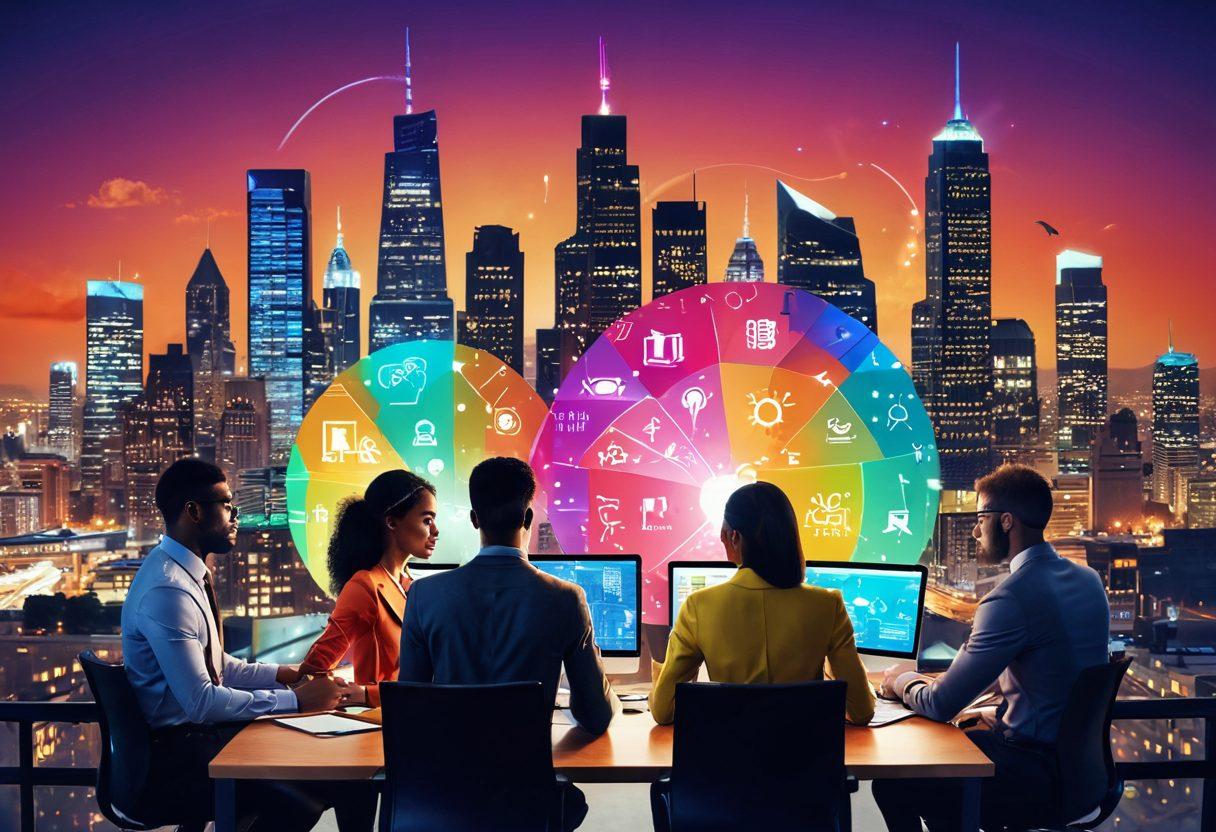 A diverse group of professionals engaged in a dynamic workspace, showcasing various Myers-Briggs personality types through colorful symbols around them. Each individual represents a different personality trait, working together harmoniously, with a glowing light symbolizing potential and transformation in the center. The background features a city skyline to symbolize career growth. vibrant colors. super-realistic.
