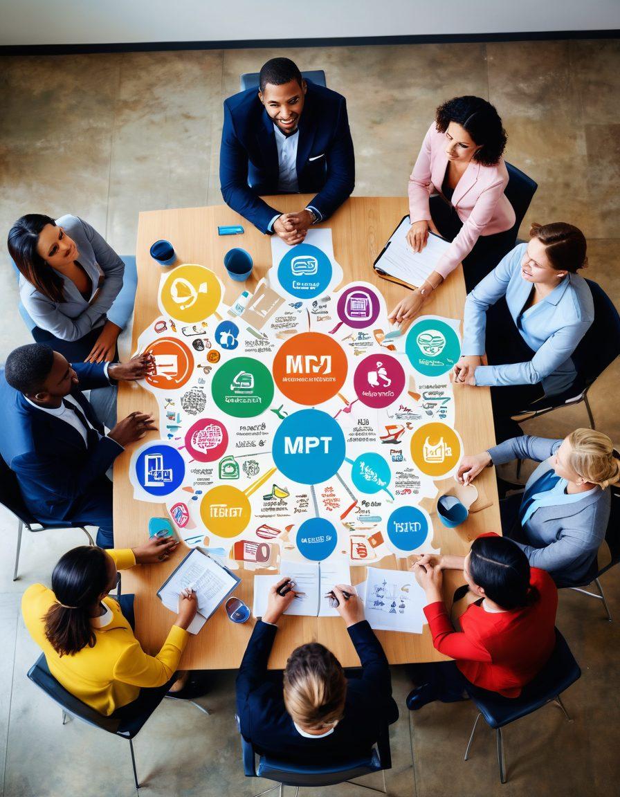 A diverse team of professionals gathered around a table, engaging in discussion with colorful MBTI personality type icons floating above them, symbolizing insightful leadership styles. The background showcases a modern office with inspirational quotes on the walls, highlighting collaboration and team dynamics. The atmosphere exudes positivity and energy, reflecting effective teamwork. vibrant colors. super-realistic.