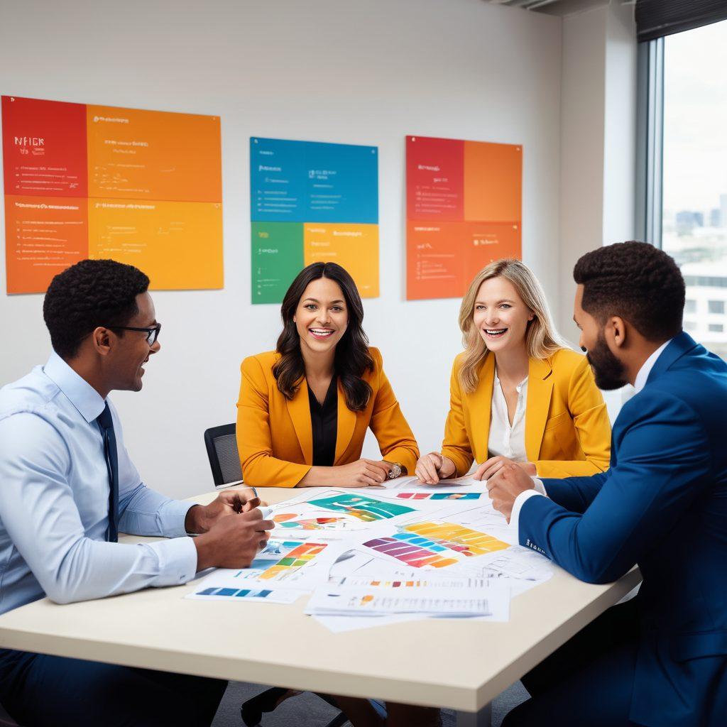 A diverse group of professionals engaged in a lively discussion around a table, each displaying distinct personality traits through their expressions and body language. Include symbols of personality types, like color-coded charts or icons, in the background to represent various evaluations. The setting should be a modern office with inspirational posters on the walls promoting teamwork and collaboration. Warm and inviting atmosphere with soft lighting. super-realistic. vibrant colors. modern office.